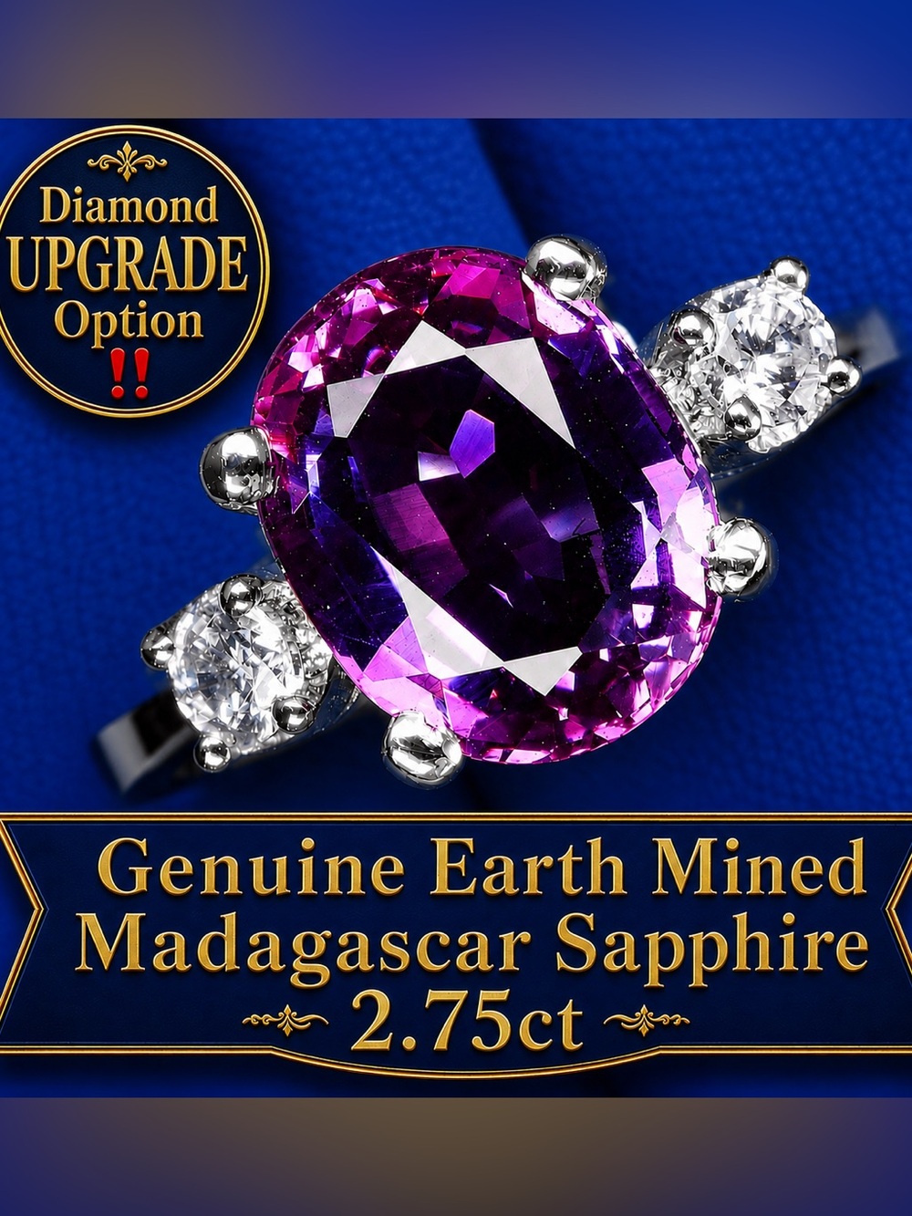 Purple Sapphire 14k white Gold Electroplated on sterling 925 3-stone 2.75ct